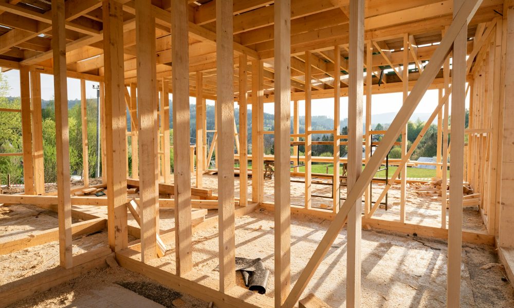 New interior residential wooden construction house framing